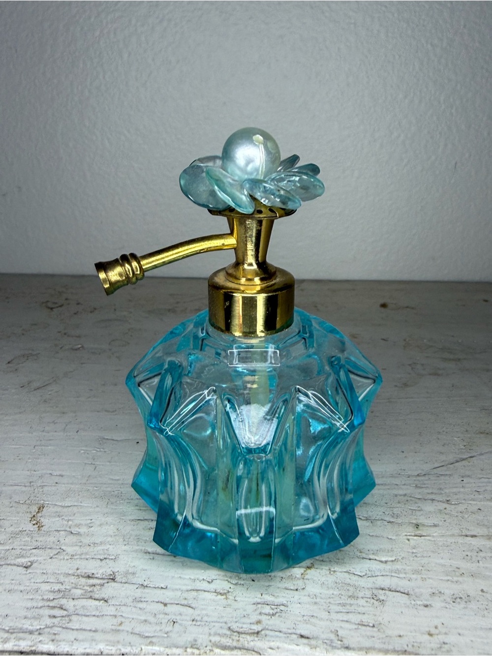 Vintage I.W. Rice Co. Ice Blue Glass Perfume Atomizer Bottle w/Jeweled Top EMPTY